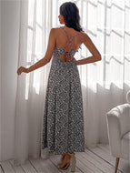 Sleeveless Casual Print Sling Halter Dress Maxi Chiffon Midi Dresses For Women