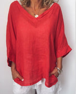 Plus Size Casual Solid V Neck 3/4 Sleeve Tops