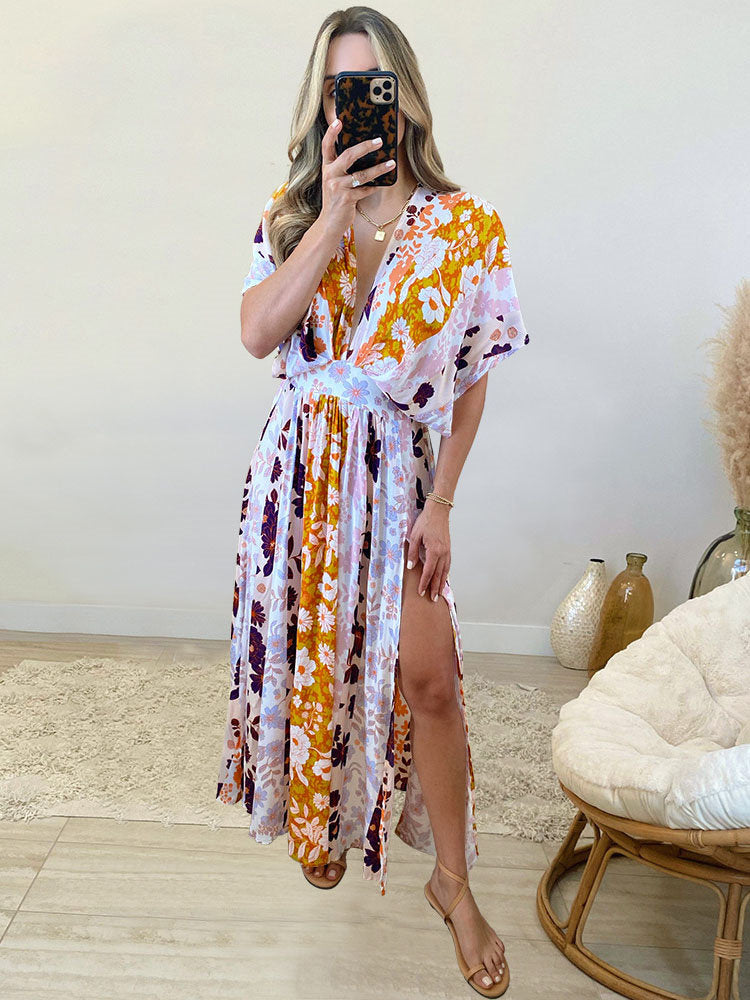 Fashion Boho Dress Doll Sleeve V-Neck Print Beach Plus Size Loose Dresses