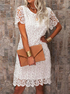 Round Neck Lined Short Sleeve Lace Women's Dress