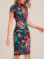 Summer Round Neck Floral Waist Slim Temperament Dress