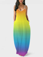 Colorful Striped Gradient V-Neck Loose Casual Comfortable Slip Dress