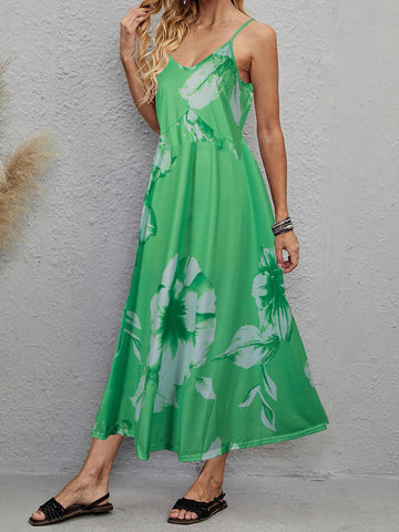 Spring/Summer Women's Sling V-Neck Sleeveless Long Floral Dress