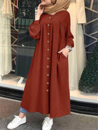 Long Sleeve Plus Size Women's Round Neck Pocket Commuter Casual Robe Shirt Dress