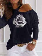 Roses Hanging Neck Long Sleeve Sexy Strapless T-shirt