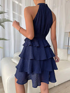 Hanging Neck Stitching Sleeveless Ruffled Waist and Tie Elegant Cake Dress