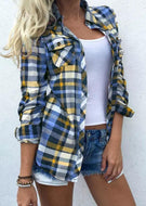 Plaid Pocket Turn-Down Collar Shirt - Yellow