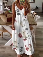 Solid Color Floral Leaf Pattern V-Neck Sleeveless Large Swing Casual Dress