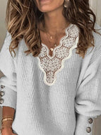 Solid Lace V-Neck Long Sleeve Sweater