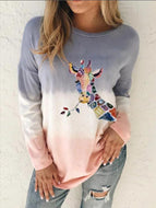 Gradient Giraffe Print Round Neck Long Sleeve T-shirt Top