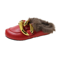 Metal Chain Lazy Slippers with Faux Fur