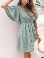 Woman New V Neck Batwing Bohemia Vacation Retro Green Polka Dots Leisure Midi Dress