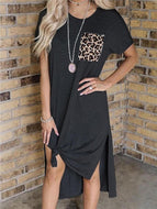 New Women's Leopard Print Pocket Stitching Short Sleeve Split Casual Retro Dress