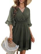 Lace Polka Dot Skirt European Beauty Chiffon Dress Short Skirt Casual V Neck Mini Dresses