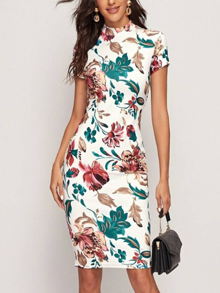 Summer Round Neck Floral Waist Slim Temperament Dress