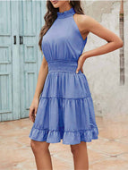 Women Solid Color Sleeveless Halterneck Pleated Waist Slim Cake Dress