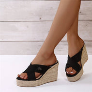 Bohemian Platform Hemp Wedge Crossover Roma Slides Slippers For Plus Size