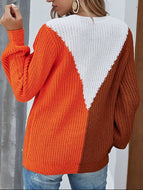 Women's Loose Stitching Contrast Color Knitted Round Neck Sweater