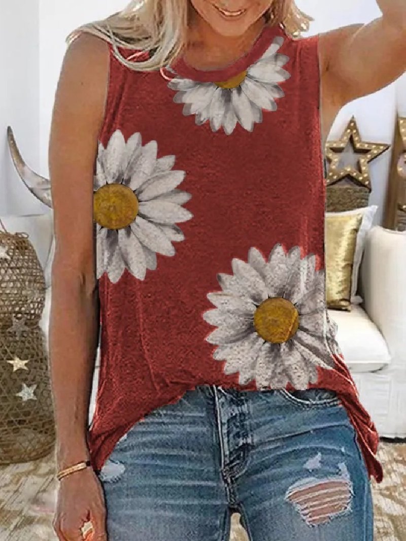 Plus Size Casual Sleeveless Crew Neck Floral Print Top