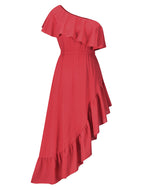 French Vintage Prom Dress Irregular Hem Sloping Shoulder Ruffle Midi Dresses