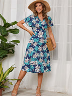 Chiffon V Neck Short Sleeve Swing Print Dress Cute Style Ladies Mini Skirt