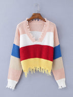 V-neck Rainbow Striped Pullover