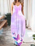 Women Fashion Butterfly V-Neck Sleeveless Sling Maxi Dress Loose Big Swing Long Robes