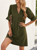 Summer New Chiffon Dress Amazon Loose Middle Sleeve Solid Color V Neck and Knee Skirt