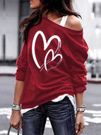 Women's Heart Print Strapless Sweatshirt Tops