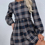 Plaid Round Neck Long Sleeve Casual Loose Waist Pleated Ladies Dress