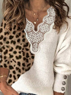 Leopard Print Lace V-Neck Loose Long Sleeve Sweater