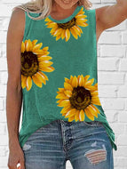 Sunflower Pattern Printed Round Neck Sleeveless Tank Top T-shirt