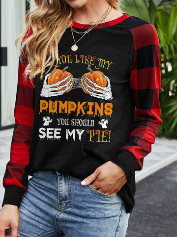 Round Neck Long Sleeve Plaid Fun Halloween Print Women's Sweatshirt