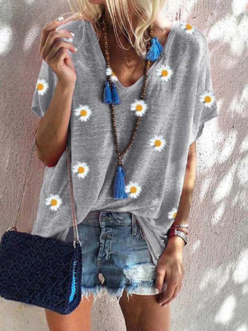 V-neck Loose Casual Print Short Sleeve T-shirt