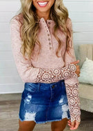 Lace Splicing Hollow Out Button Blouse - Pink