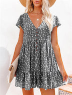 Sweet Style V-Neck Button Small Floral Short Sleeve Loose Casual Dress Loose Mini Dresses