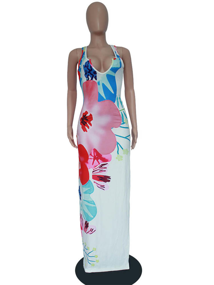 New Women's Printed Sleeveless Slit Sling Casual Long Dress