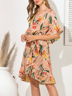 Summer Floral V-neck Petal Sleeve V-neck Waist Bow Lace Up Slim Dress