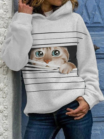 Striped Cat Print Hooded Tops-2