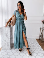 Sexy Short Sleeve V-Neck Bohemian Polka Dot Print Dress Maxi Dresses For Beach