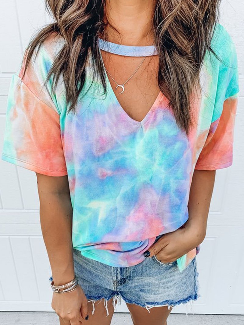 Printed Tie-dye V-neck Short Sleeves