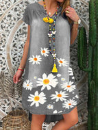 Flower Print Round Neck Denim Dress