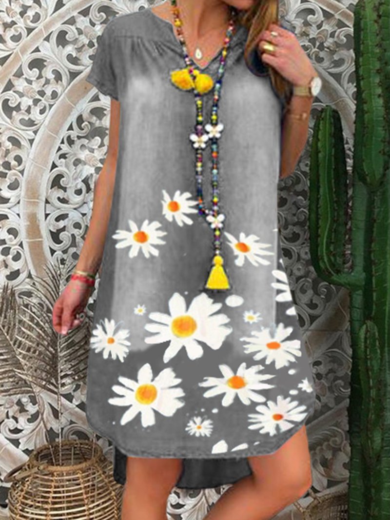 Flower Print Round Neck Denim Dress