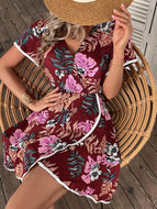 Elegant V-Neck Print Boho Resort Dress A-Line Skirt Women Waisted Mini Dresses