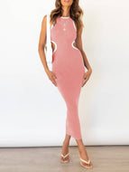 Summer New Round Neck Sleeveless Tight Waist Slim Hollow Open Back Sexy Dress