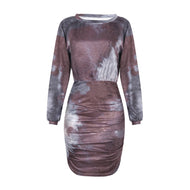 New Printed One-Neck Long Sleeve Sexy Pack Hip Wrinkle Dress