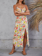 ins Style Temperament Sexy Sling Floral Side Slit Long Dress