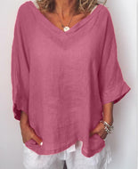 Plus Size Casual Solid V Neck 3/4 Sleeve Tops