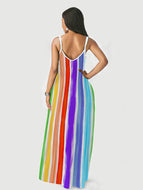 Colorful Striped Gradient V-Neck Loose Casual Comfortable Slip Dress