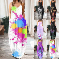 Women Fashion Butterfly V-Neck Sleeveless Sling Maxi Dress Loose Big Swing Long Robes